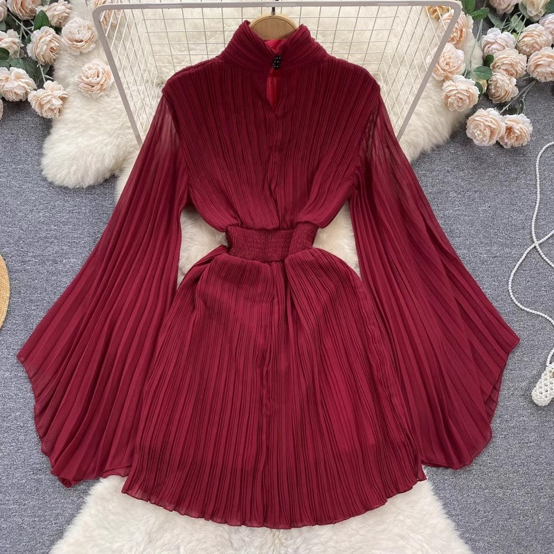 pleated bell-sleeved high-neck dress for women chiffon skirt      S4489