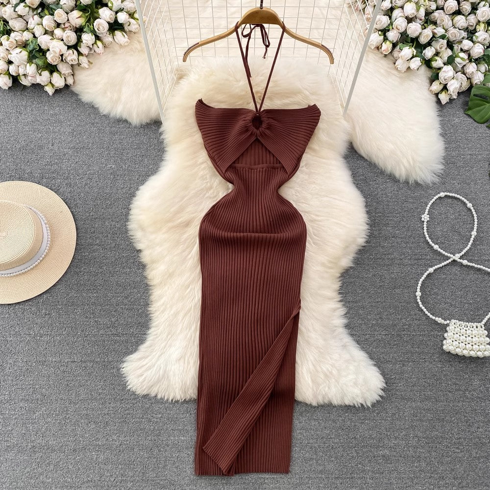 halter neck backless sleeveless mid-length slit knitted dress     S4091