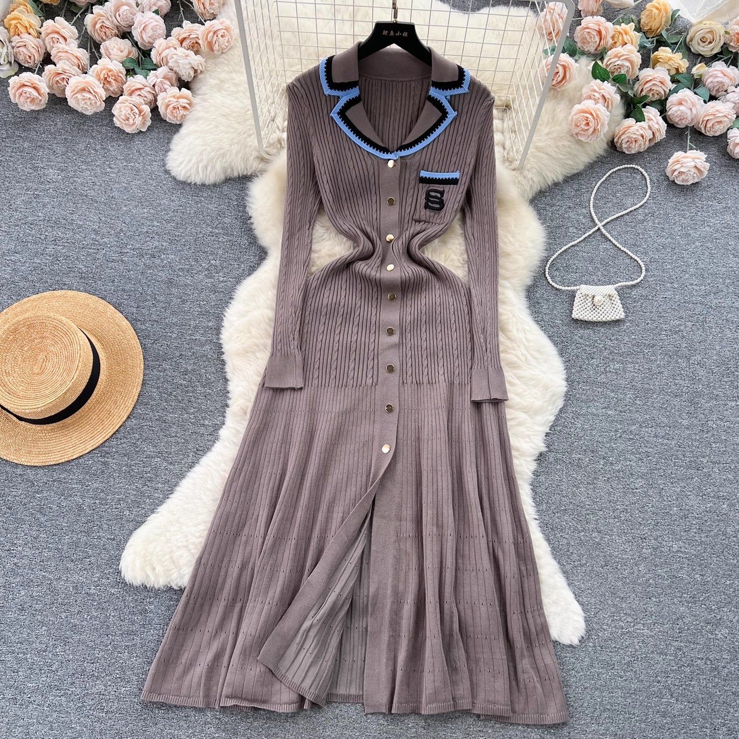 knitted dress women embroidered sweater long skirt     S4519