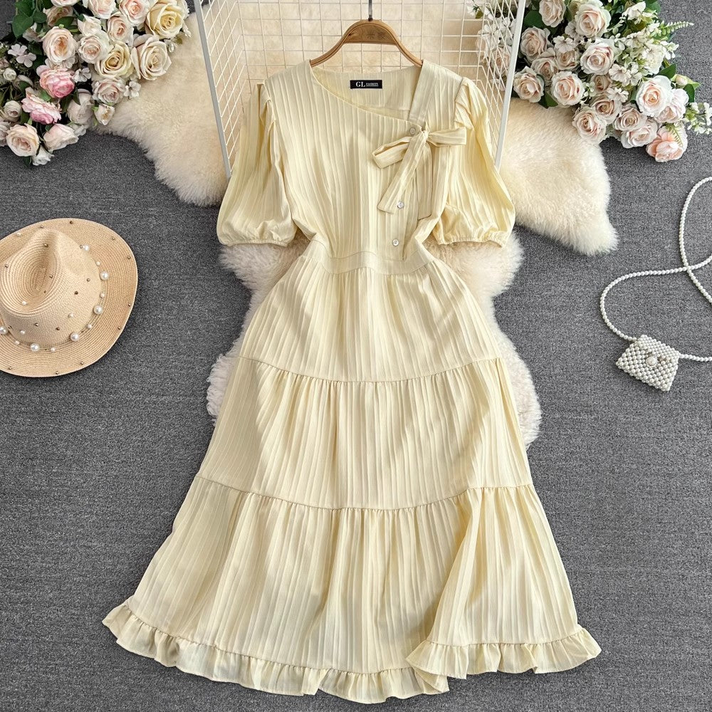 puffy short-sleeved mid-length A-line ruffle dress      S4331