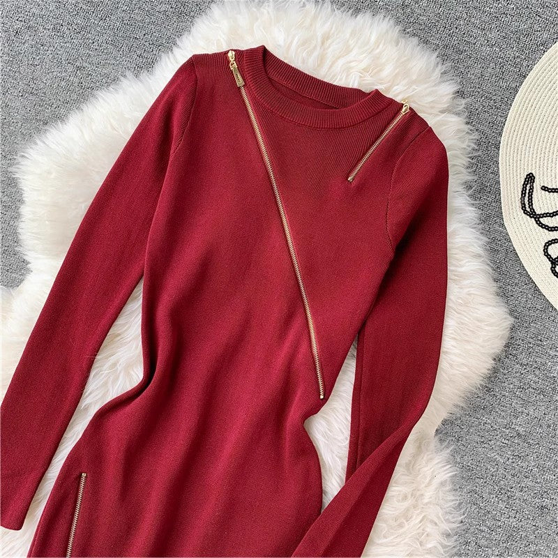 Round Neck Knitted Dress Women's Mid-Length Sweater Skirt Zipper Slit     S3911