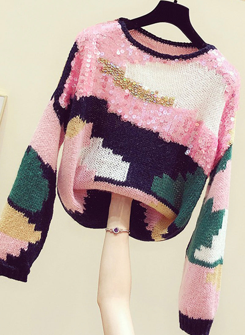 Cute Colorful Long Sleeve Sweater Round Neck Sequins Sweater    S4371