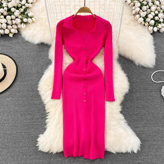 Polo Neck Long Sleeve Knitted Dress       S4163