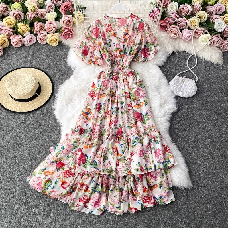 V-neck floral dress bohemian long skirt       S4179