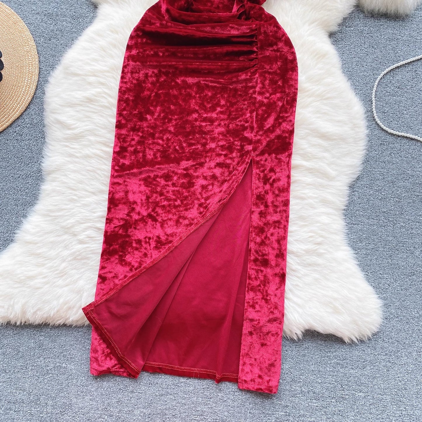 velvet dress for women with feather slit design and elegant long skirt     S4525