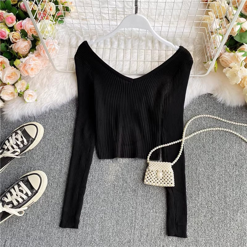 Sweater new v-neck long-sleeved t-shirt women's top      S4180