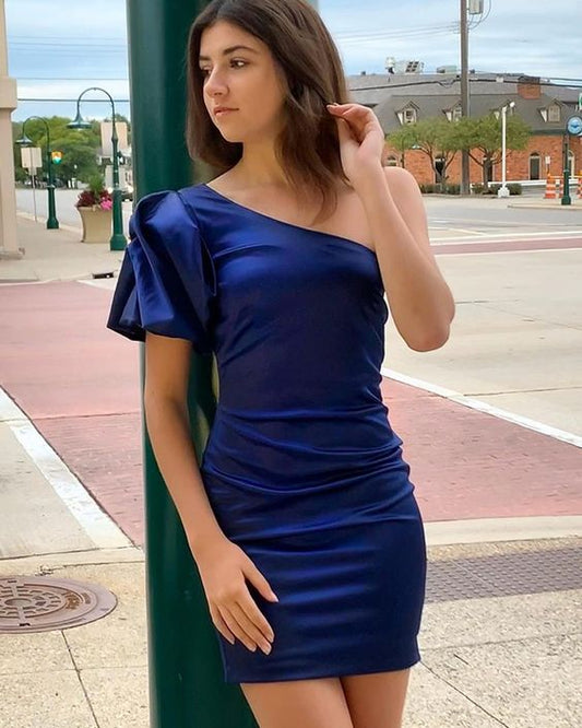 One Shoulder Navy Blue Tight Short Homecoming Dress with Short Sleeves       S2769