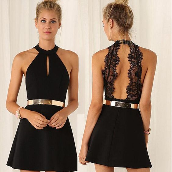 Homecoming Dress Black Lace Halter Short Prom Dress Party Dress         S3071