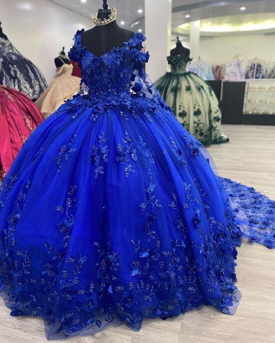 Royal Blue A-Line Ball Gown Long Prom Dresses, Blue Evening Dresses      S3354