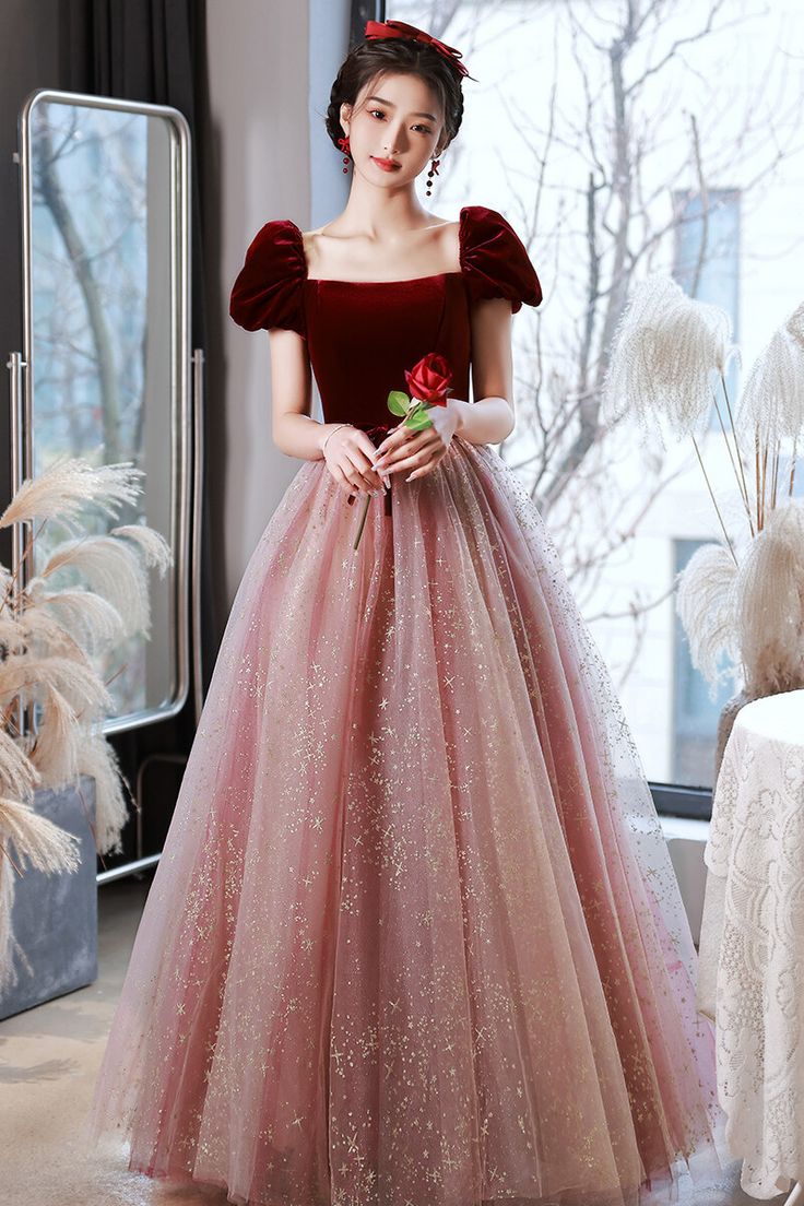 Burgundy Velvet Cap Sleeves Tulle Long Princess Dress           S3008