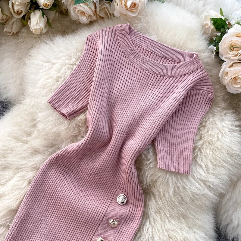 new popular women's simple solid color short-sleeved knitted dress     S4660