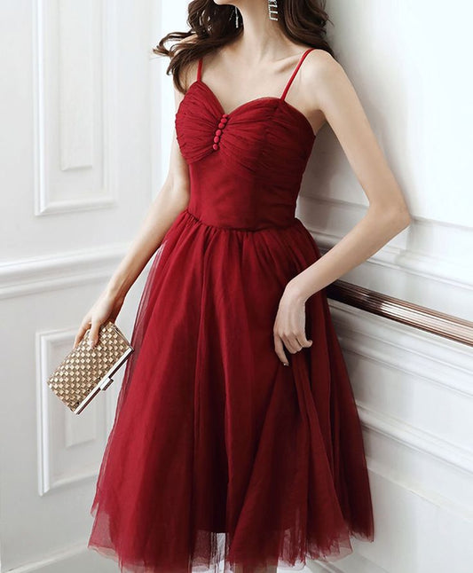 Simple Sweetheart Tulle Short Prom Dress, Burgundy Cocktail Dress     S2934