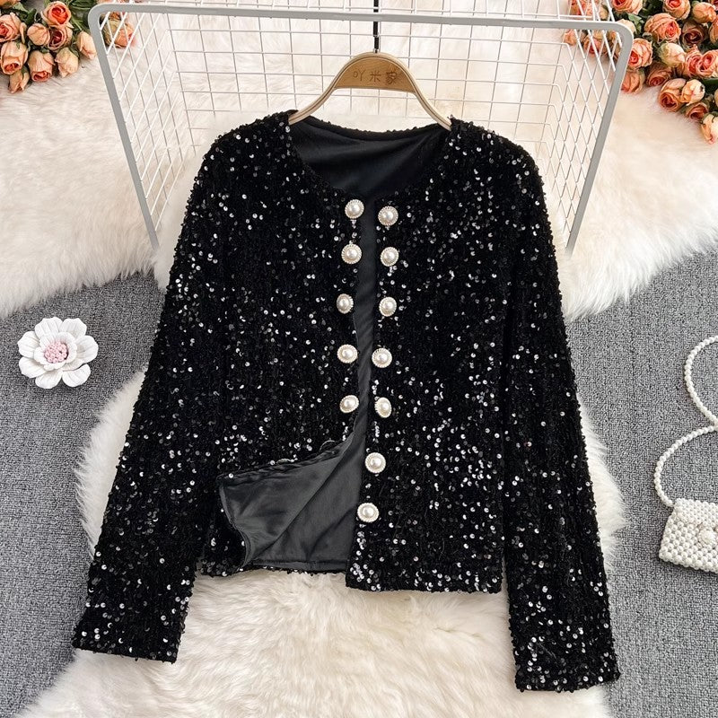 shiny sequins colorful long-sleeved cardigan suit short jacket women's clothing    S4205