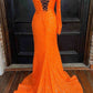 Orange Long Sleeve Sequined Prom Dress with Slit     S3774