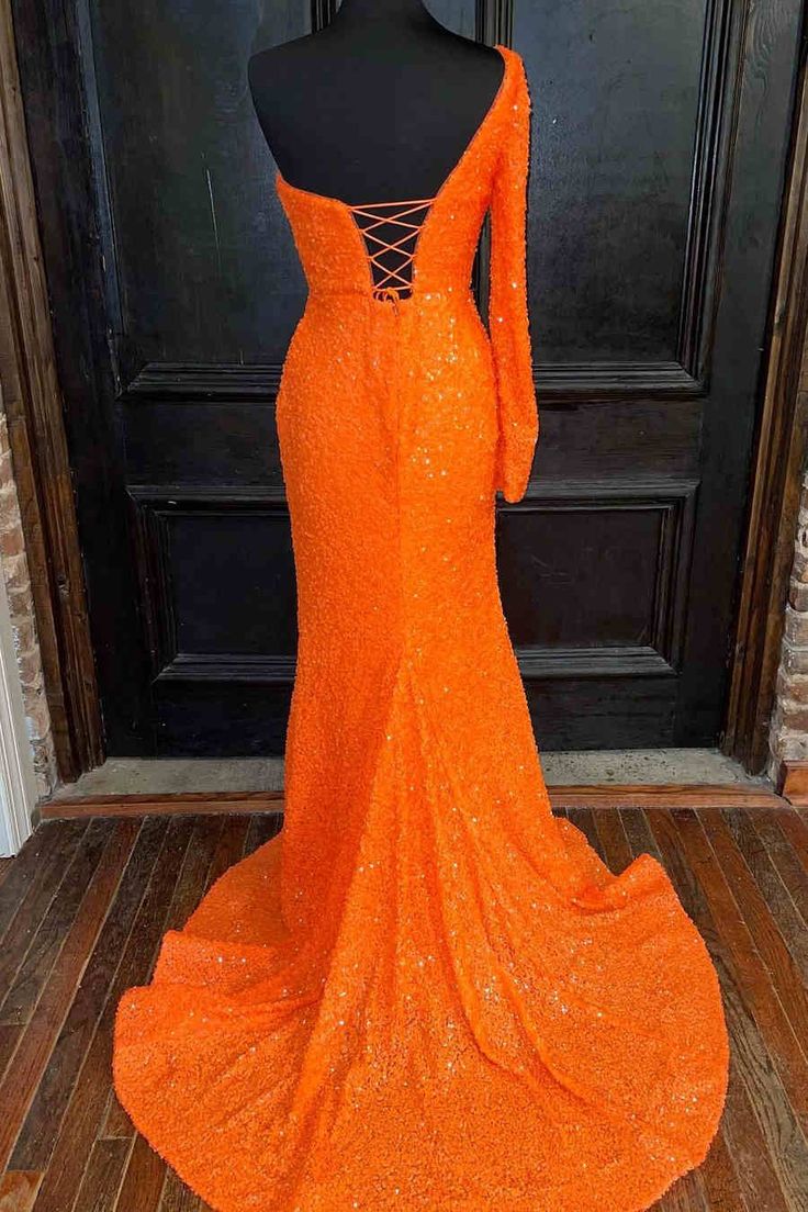 Orange Long Sleeve Sequined Prom Dress with Slit     S3774