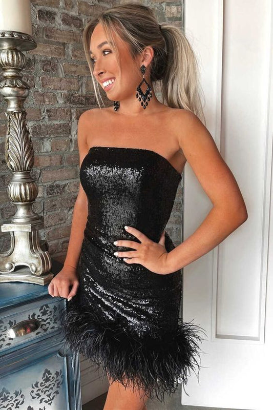 Black Sequin Strapless Short Party Dress with Feather Semi Formal Dresses     S2871