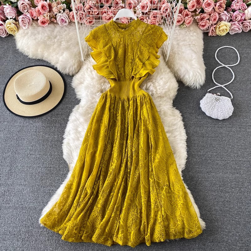 Lace Round Neck Dress, Long Sleeve Fashionable Elegant Ruffled Long Skirt      S3984