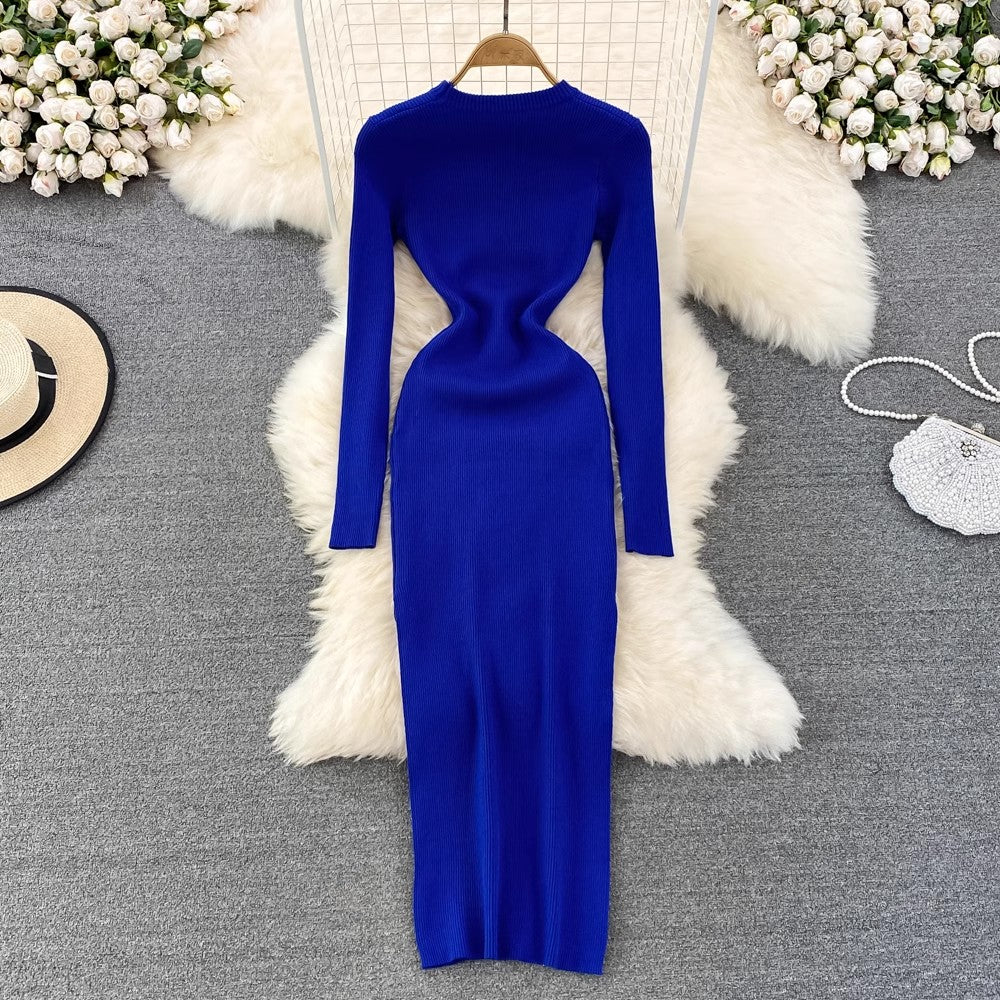 long-sleeved round neck elastic tight mid-length knitted dress      S4010