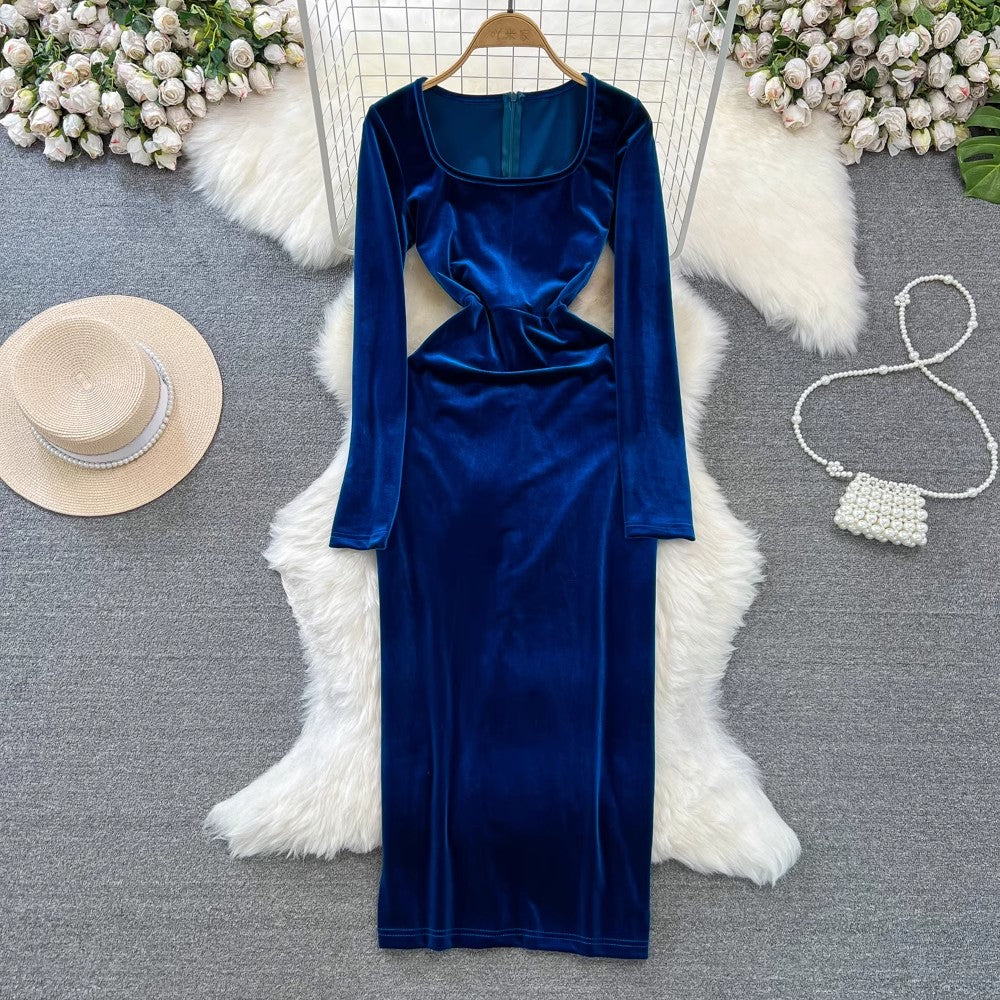 long-sleeved square neck mid-length velvet dress for women     S4265