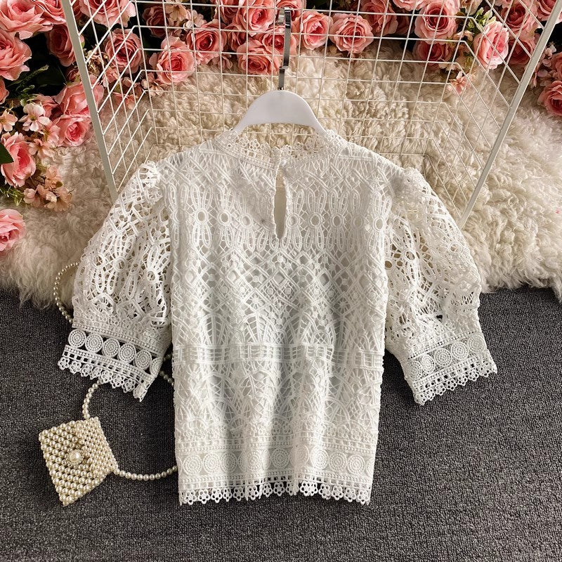 Puff-sleeved lace shirt short-sleeved solid color short top for women      S3898