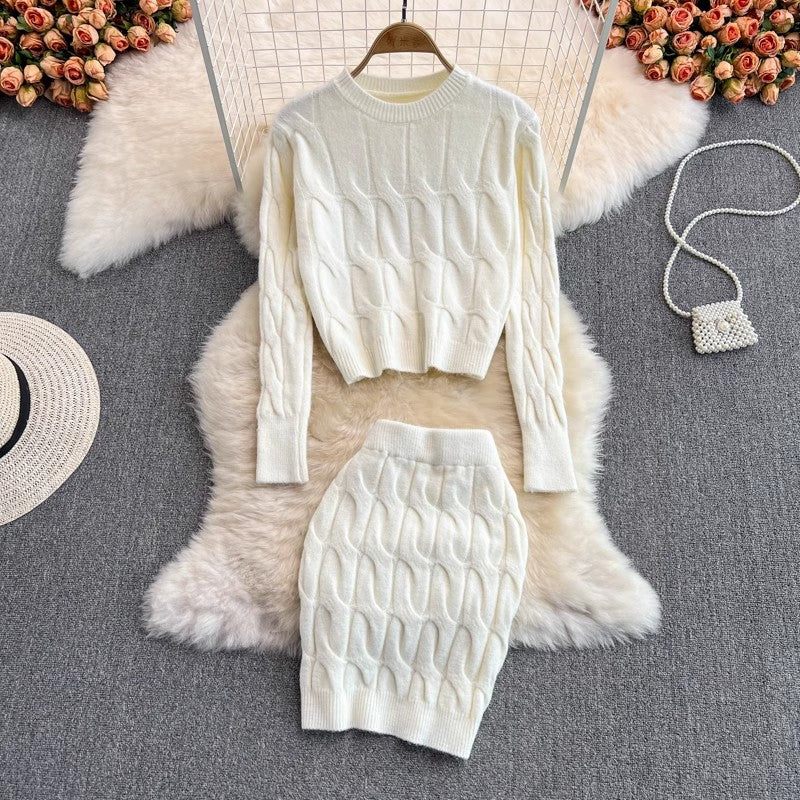 Knitted fashion suit for women round neck long-sleeved sweater two-piece set      S4118