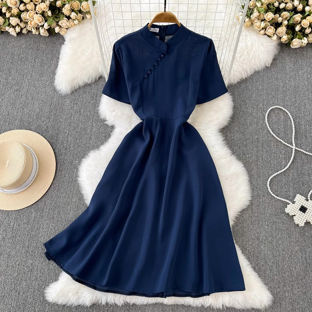 short-sleeved A-line dress elegant long skirt     S4328