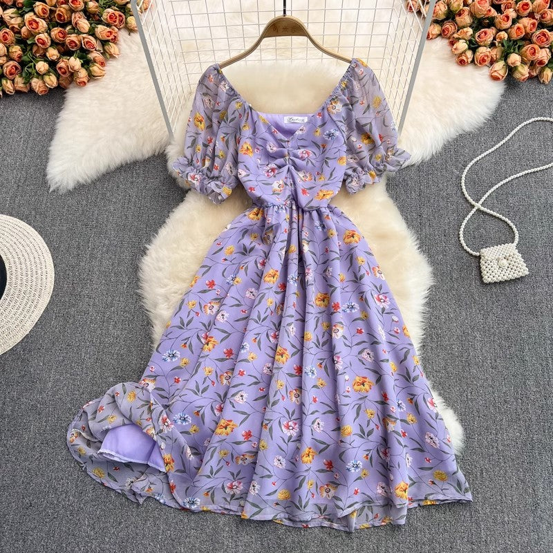 mid-length V-neck floral chiffon dress     S4430