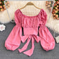 Square Neck Backless Long Sleeve Short Top     S4189