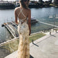 Gold Sequin Mermaid Backless V-Neck Prom Dresses     S3255