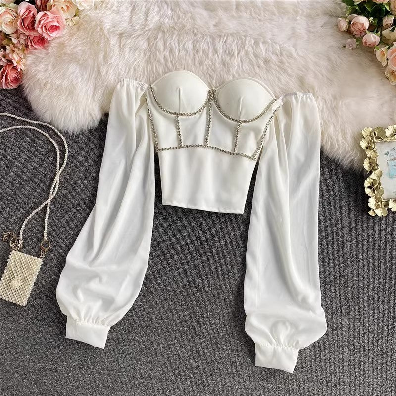 sexy rhinestone tube top shirt fashionable square neck top long sleeves       S4170