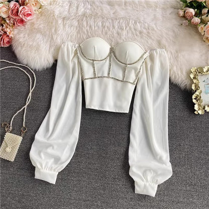 sexy rhinestone tube top shirt fashionable square neck top long sleeves       S4170
