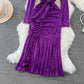 Fashionable long-sleeved V-neck A-line elegant long dress    S3966