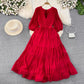 Puff short-sleeved V-neck A-line chiffon dress Elegant long skirt      S4285