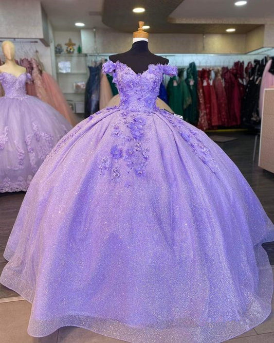 Purple Quinceanera Dresses Applique Flower Corset Graduation Gown        S3706