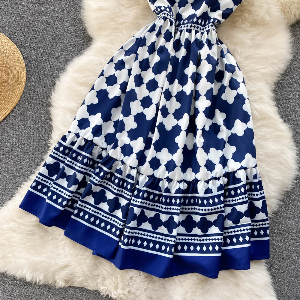 Blue Square Neck Printed Sling Dress     S4469