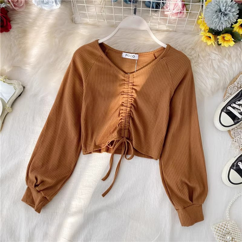 sexy short crop top design V-neck style long-sleeved T-shirt      S4129