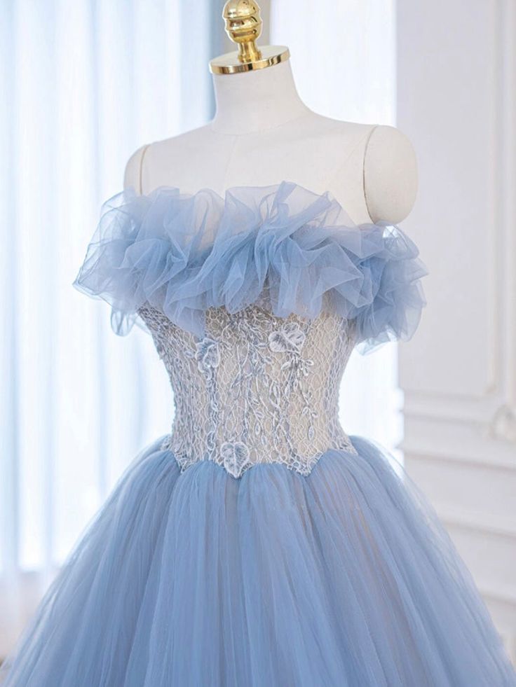 A-Line Blue Tulle Lace Long Prom Dress, Blue Tulle Lace Formal Dress      S4148