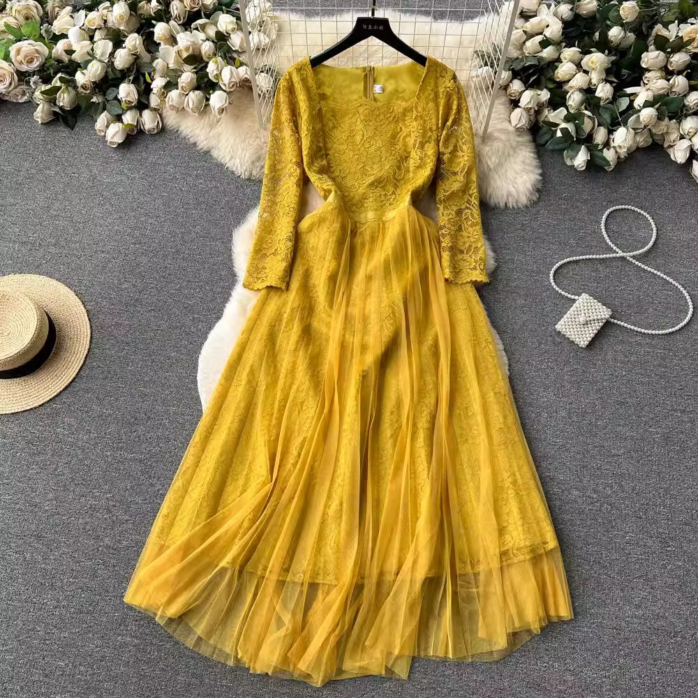 French retro lace dress for women long skirt      S4623