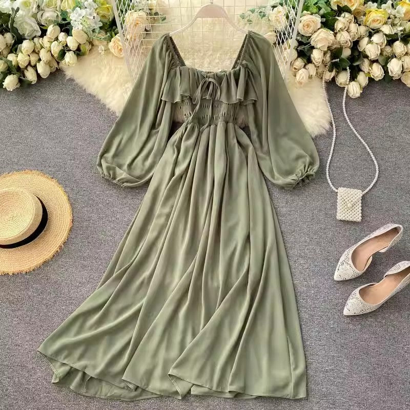 Chic Style Dress New Women's Square Neck Puff Sleeve Chiffon Skirt      S4597