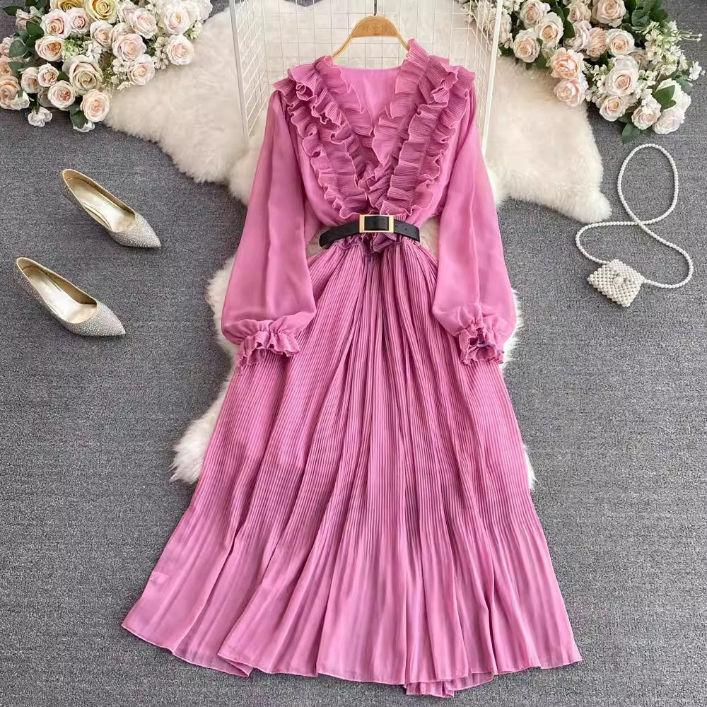 V-neck ruffled puff long-sleeved A-line pleated dress      S4301