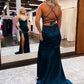 Navy Blue Sheath Ruched V-Neck Prom Dresses With Slits And Open Back         S3785
