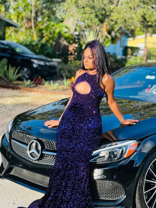 Sexy Mermaid Style Real Sample Cut Out Sparkly Purple Sequined Black Girls Elegant Long Prom Dresses           S3869