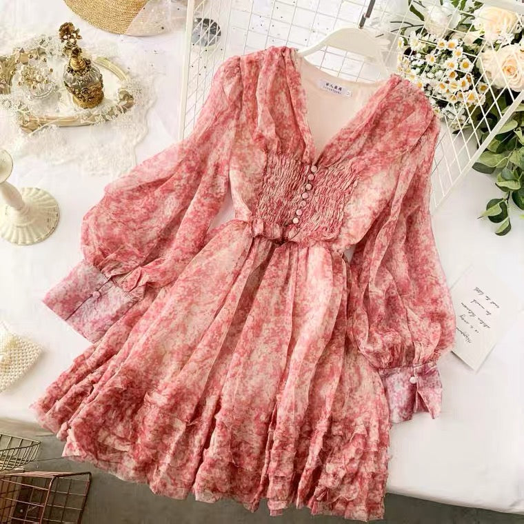 Chiffon Floral Dress,chic Sweet Dress    S4436