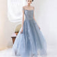 blue round neck tulle short prom dress, blue tulle homecoming dress     S3242