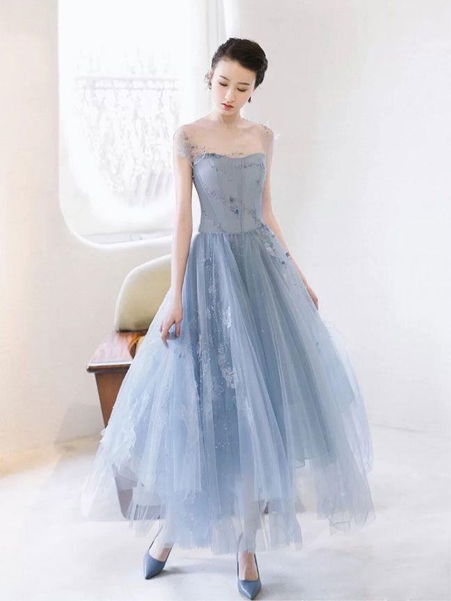 blue round neck tulle short prom dress, blue tulle homecoming dress     S3242