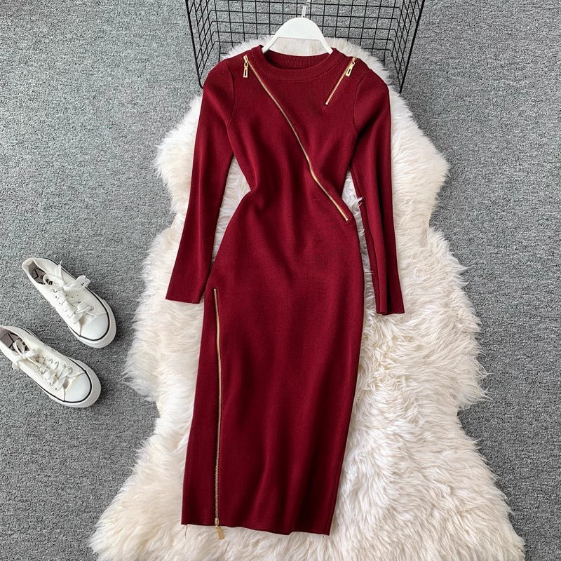 design knitted skirt round neck long sleeves irregular zipper solid color dress for women      S4237