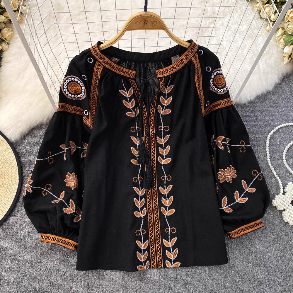 long-sleeved round neck embroidered shirt for women casual tops     S3952