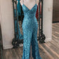 Blue Sequin V-Neck Lace-Up Mermaid Long Dress with Slit      S3374