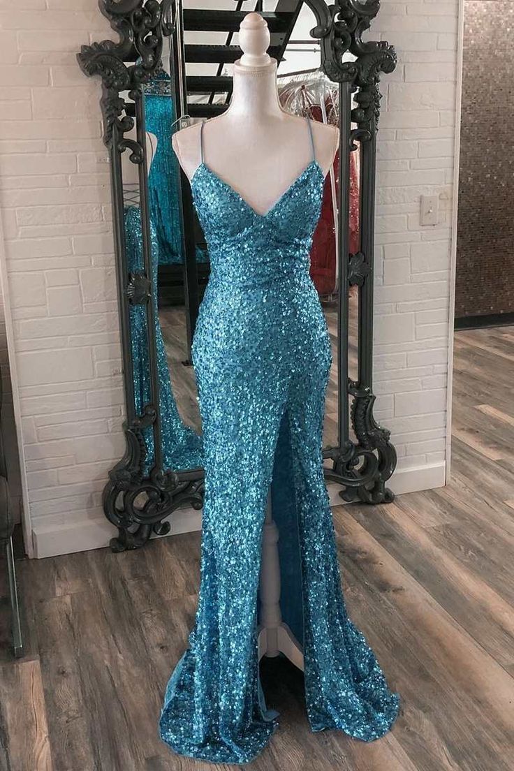 Blue Sequin V-Neck Lace-Up Mermaid Long Dress with Slit      S3374