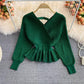 new ruffled short sweater women's V-neck pullover sweater top      S4246